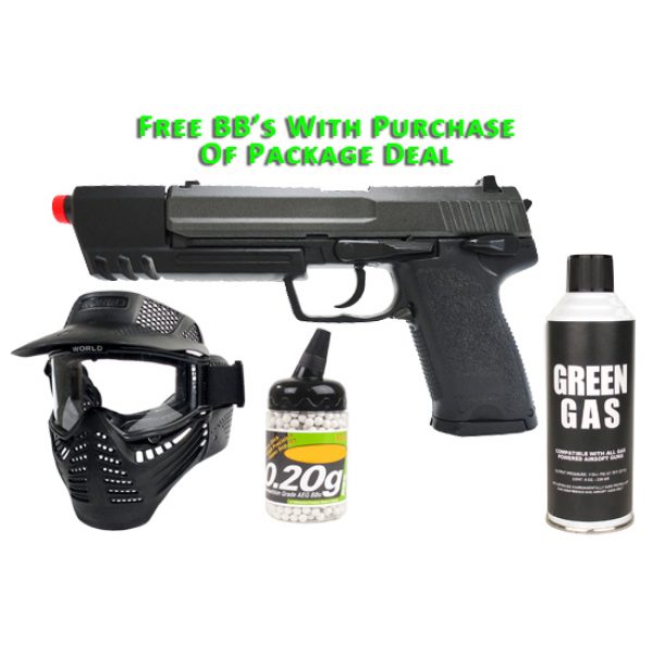 See Airsoft Pistol 1 Green Gas KJW Tomb Raider Pistol Long FPS-375 Blowback Airsoft Gun Package Deal (Mask, Green Gas and BBs)