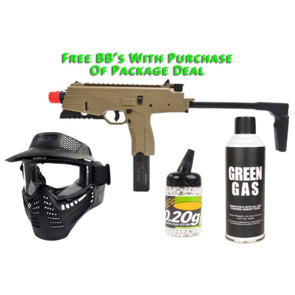 See Airsoft Pistol 1 Green Gas KWA KMP9R NS2 SMG Dark Earth FPS-440 Blowback Airsoft Gun Package Deal (Mask, Green Gas and BBs)