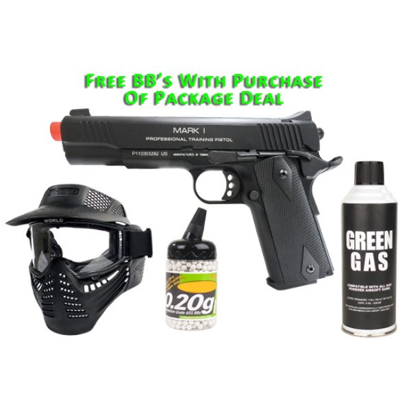 See Airsoft Pistol 1 Green Gas KWA M1911 Mark I PTP Pistol FPS-400 Blowback Airsoft Gun Package Deal (Mask, Green Gas and BBs)