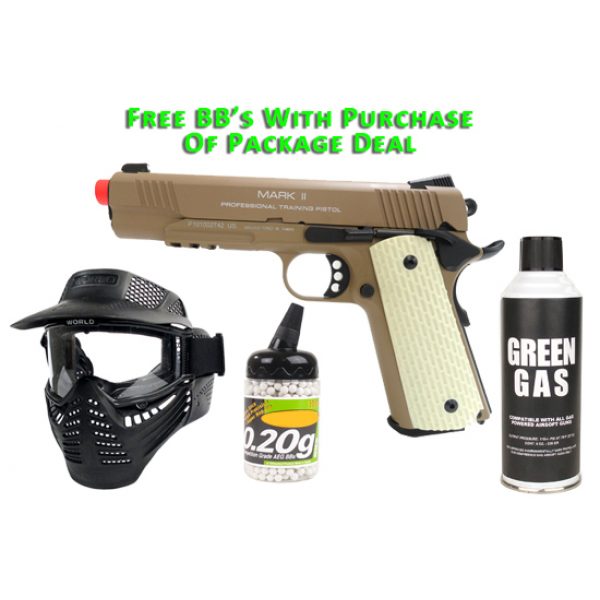 See Airsoft Pistol 1 Green Gas KWA M1911 Mark II PTP Pistol Dark Earth FPS-400 Blowback Airsoft Gun Package Deal (Mask, Green Gas and BBs)
