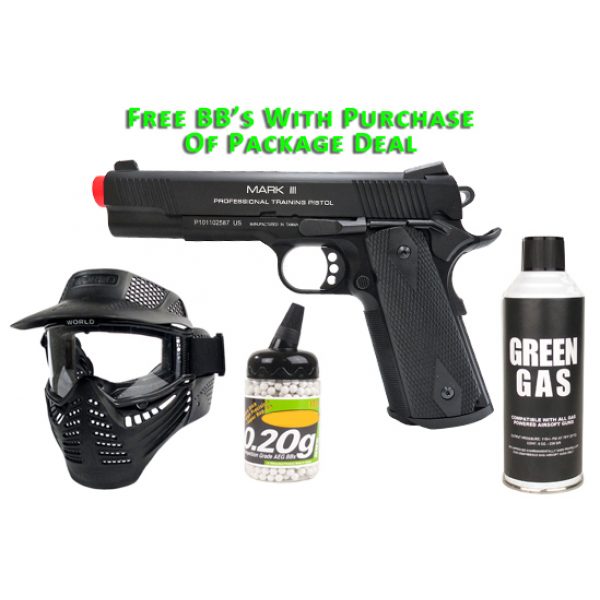 See Airsoft Pistol 1 Green Gas KWA M1911 Mark III PTP Pistol FPS-400 Blowback Airsoft Gun Package Deal (Mask, Green Gas and BBs)