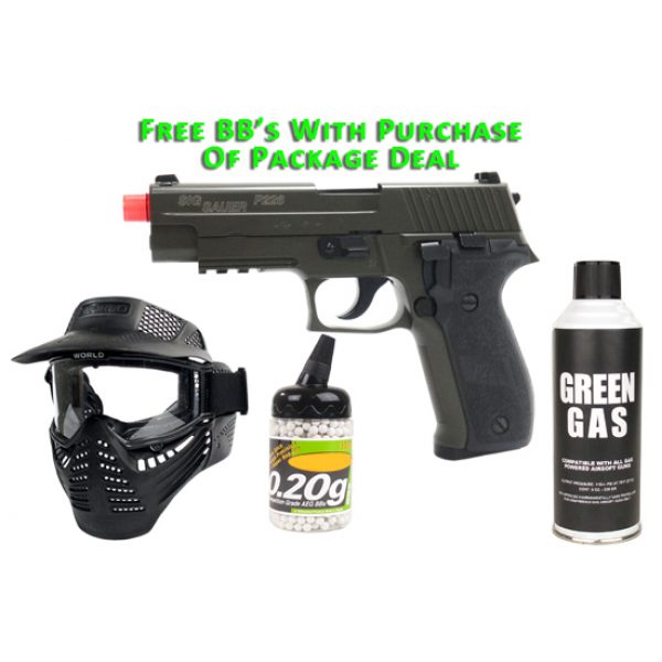 See Airsoft Pistol 1 Green Gas Sig Sauer P226 Pistol FPS-383 OD Blowback Airsoft Gun Package Deal (Mask, Green Gas and BBs)