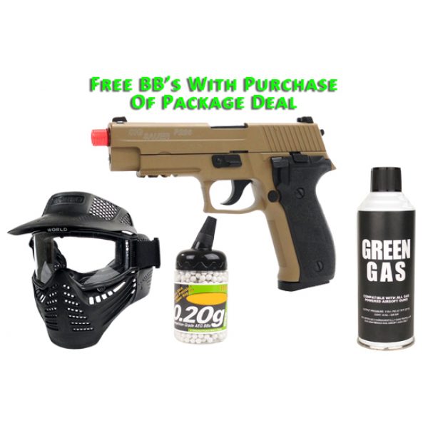 See Airsoft Pistol 1 Green Gas Sig Sauer P226 Pistol Tan FPS-383 Blowback Airsoft Gun Package Deal (Mask, Green Gas and BBs)