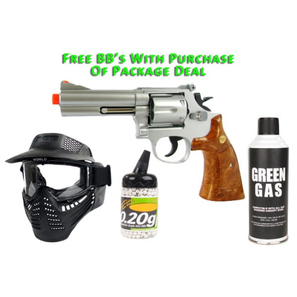See Airsoft Pistol 1 Green Gas Silver 4 Inch Barrel Magnum Revolver Pistol FPS-300 Wood Grip Airsoft Gun Package Deal (Mask, Green Gas and BBs)