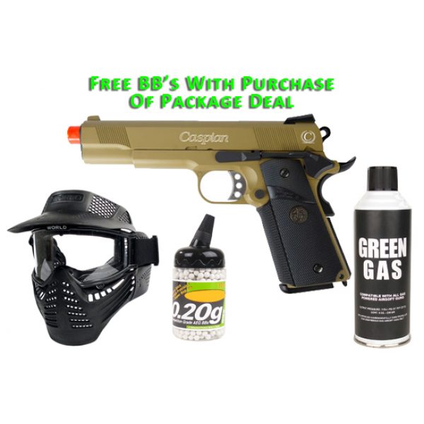 See Airsoft Pistol 1 Green Gas TSD Caspian 1911 Pistol Tan FPS-400 Full Metal Blowback Rubberized Grip Airsoft Gun Package Deal (Mask, Green Gas and BBs)