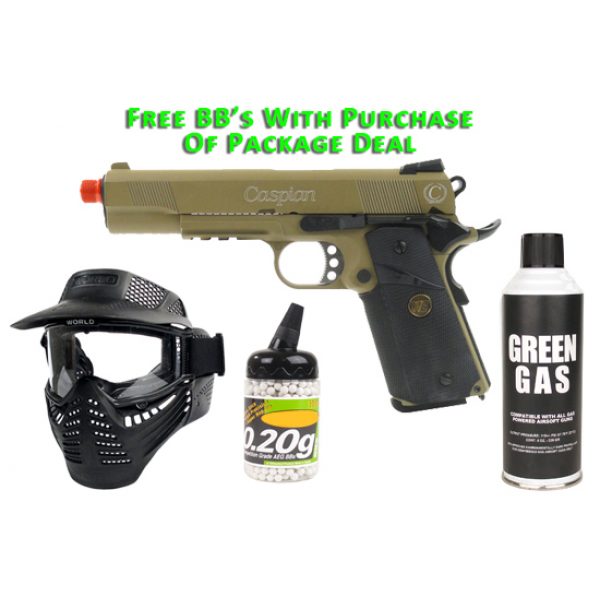 See Airsoft Pistol 1 Green Gas TSD Caspian 45-Tactical Pistol Tan FPS-400 Full Metal Blowback Rubberized Grip Airsoft Gun Package Deal (Mask, Green Gas and BBs)