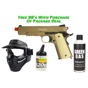 See Airsoft Pistol 1 Green Gas TSD Caspian Tactial 45 Tan Pistol FPS-400 Full Metal Blowback Airsoft Gun Package Deal (Mask, Green Gas and BBs)