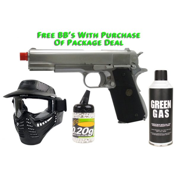 See Airsoft Pistol 1 Green Gas TSD Caspian WE 1911 Pistol Nickel FPS-400 Full Metal Blowback Airsoft Gun Package Deal (Mask, Green Gas and BBs)