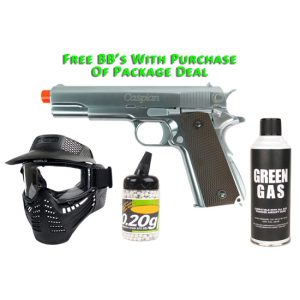 See Airsoft Pistol 1 Green Gas TSD Caspian WE 1911-TAC Pistol Nickel FPS-400 Full Metal Blowback Airsoft Gun Package Deal (Mask, Green Gas and BBs)