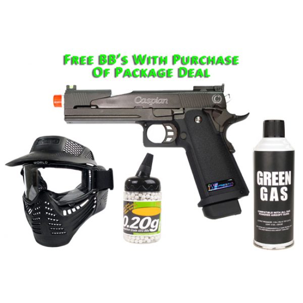 See Airsoft Pistol 1 Green Gas TSD Caspian WE Hi-Capa 5.1 Dragon Pistol FPS-400 Full Metal Blowback Airsoft Gun Package Deal (Mask, Green Gas and BBs)