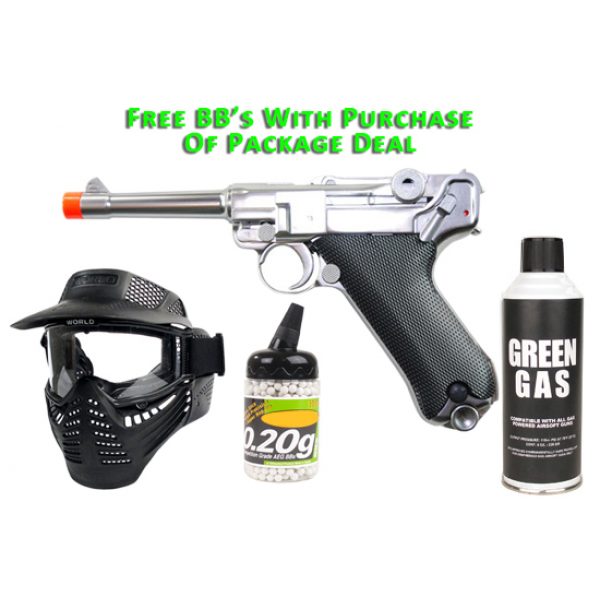 See Airsoft Pistol 1 Green Gas TSD WE P08 Pistol FPS-400 Full Metal Blowback Airsoft Gun Package Deal (Mask, Green Gas and BBs)