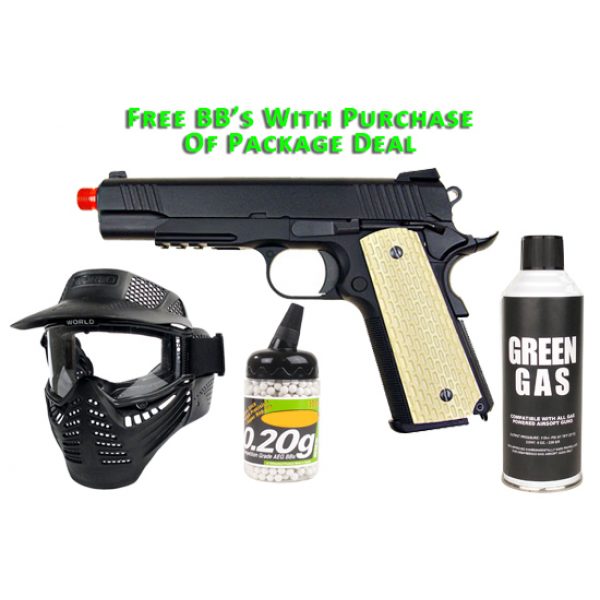 See Airsoft Pistol 1 Green Gas WE M1911 Pistol Black And Tan FPS-375 Full Metal Blow Back Airsoft Gun Package Deal (Mask, Green Gas and BBs)
