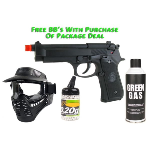 See Airsoft Pistol 1 Green Gas WE M92 Tactical Pistol FPS-430 Full Metal Blowback Airsoft Gun Package Deal (Mask, Green Gas and BBs)