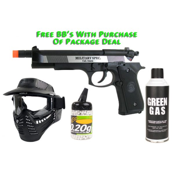 See Airsoft Pistol 1 Green Gas WE M92L Tactical Pistol FPS-470 Full Metal Blowback Airsoft Gun Package Deal (Mask, Green Gas and BBs)