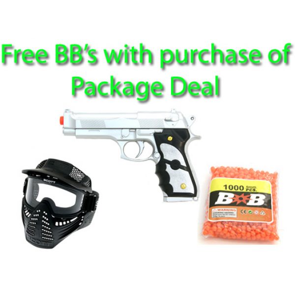 See Airsoft Pistol 1 Spring M-757 Pistol, FPS-150, Silver Finish, Ergronomic Grip Airsoft Gun Package Deal (Mask and BBs)