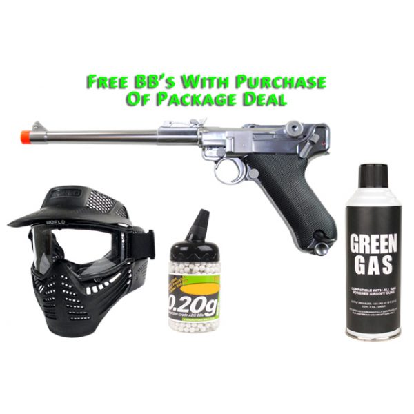See Airsoft Pistol 1 TSD Tactical Green Gas Full Metal Silver P08 Pistol FPS-400 Blowback Airsoft Gun Package Deal (Mask, Green Gas and BBs)