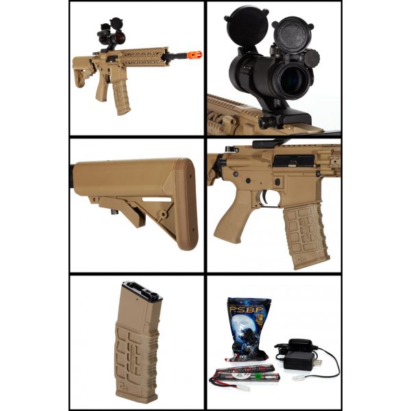 See Airsoft Rifle 2 Electric G&G CM16 R8-L Desert Tan Airsoft Rifle FPS-450 Combo with G-11-056 Red Dot Scope