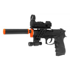 See Airsoft Pistol 1 Electric Full Auto Tactical M9 Pistol FPS-150, Silencer, Red Dot Sight, Flashlight, Blowback Airsoft Gun