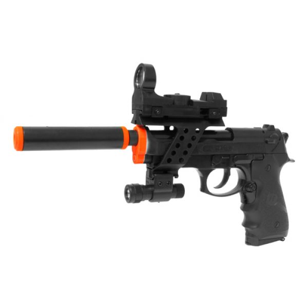 See Airsoft Pistol 1 Electric Full Auto Tactical M9 Pistol FPS-150, Silencer, Red Dot Sight, Flashlight, Blowback Airsoft Gun