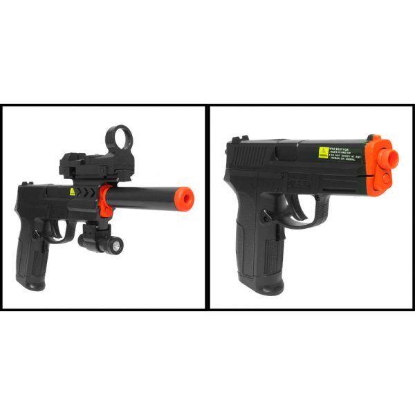 See Airsoft Pistol 2 Electric Full Auto Tactical P226 Pistol FPS-150, Silencer, Red Dot Sight, Flashlight, Blowback Airsoft Gun