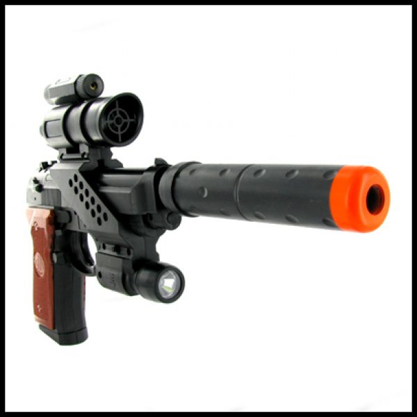 See Airsoft Pistol 2 Refurbished Spring Secret Agent Pistol FPS-160 Silencer, Laser, Flashlight Airsoft Gun
