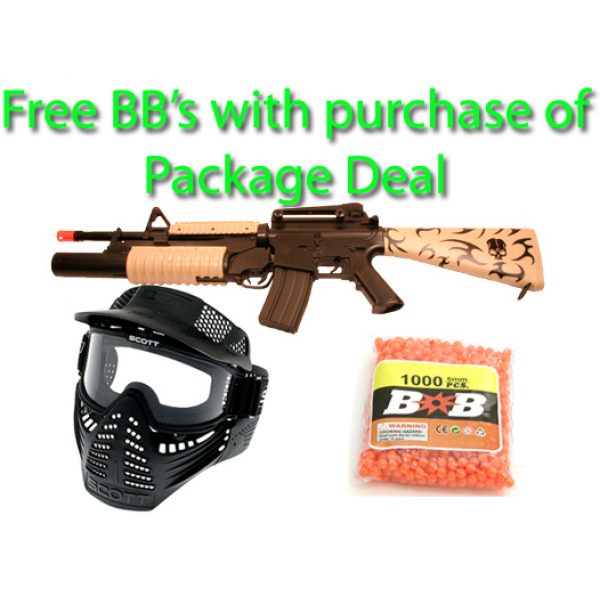 See Airsoft Rifle 1 AEG Electric M4 Assault Rifle FPS-310, M203 Grenade Launcher Airsoft Gun (Skull Design) Package Deal (Mask and BBs)