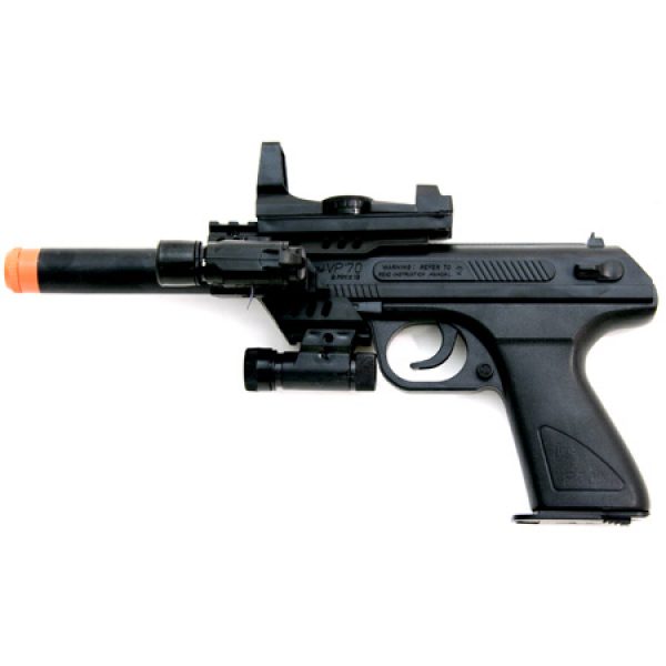 See Airsoft Pistol 1 Spring Blade Trinity Style VP70M Pistol FPS-200, 15 Rnd Clip, Tactical Light, Red Dot Laser, Tactical Sight, Silencer Airsoft Gun