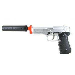 See Airsoft Pistol 1 Spring HFC Heavy Weight Target Pistol Black Silver FPS-350 Mock Silencer Airsoft Gun