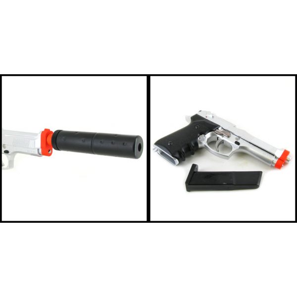 See Airsoft Pistol 2 Spring HFC Heavy Weight Target Pistol Black Silver FPS-350 Mock Silencer Airsoft Gun