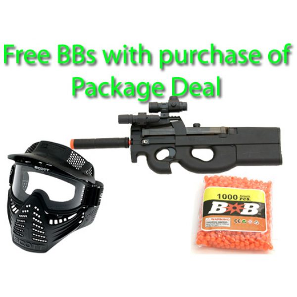 See Airsoft Rifle 1 AEG Electric P90 Assault Rifle PDW FPS-200, Silencer, Target Airsoft Gun Package Deal (Mask and BBs)