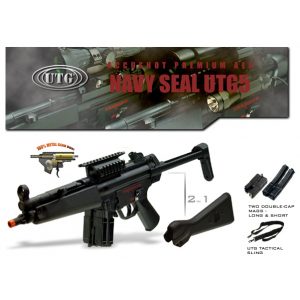 See Airsoft Rifle 1 AEG Electric UTG MP5 Sub Machine Gun FPS-300, Changeable Stock, Double Magazines Airsoft Gun
