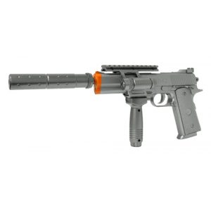 See Airsoft Pistol 1 Spring Silver Silenced Spec Ops .45 Style Pistol FPS-210 Fore Grip, Flashlight Airsoft Gun