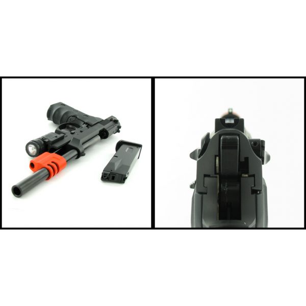 See Airsoft Pistol 2 Green Gas Tactical 92F Blowback Pistol FPS-400 Barrel Extension, Compensator, Flashlight Airsoft Gun