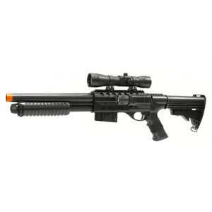 See Airsoft Shotgun 1 Spring M870 Pump Action Shotgun FPS-340 Scope, Flashlight, Collapsible Stock Airsoft Gun