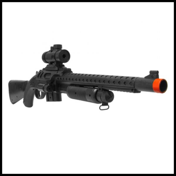 See Airsoft Shotgun 2 Spring Pump Action Breach Shotgun FPS-190 Laser, Flashlight, Full Stock Airsoft Gun