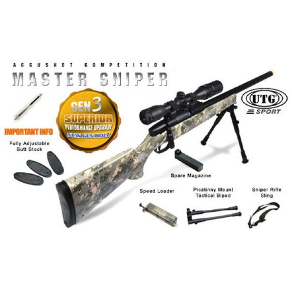 See Airsoft Rifle 1 Refurbished Spring UTG Gen 5 M324 Magnum Accushot Competition Master Model 700 Pro with Upgraded Bolt Sniper Rifle Army Digital Camo FPS-450 Airsoft Gun